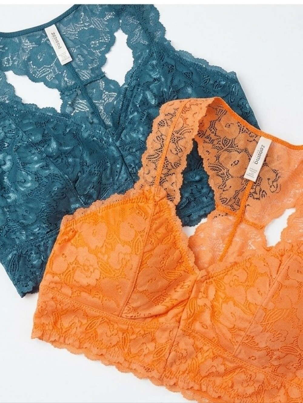 NWOT Set Of Two Lace Bralettes Orange and Blue Longline Racerback Neon Lingerie